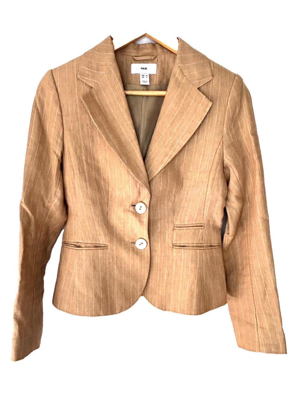 H&M Linen Blend Blazer Suit Jacket Striped Dark Cream Business Womens Size 4